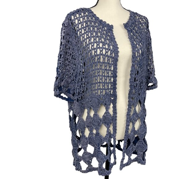 Chico's Soutache Cardigan Women's 2 US L Sadie Blue Open Weave Half Sleeve - Picture 7 of 8